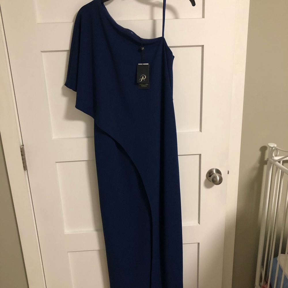 NWT, floor length, navy, one shoulder dress